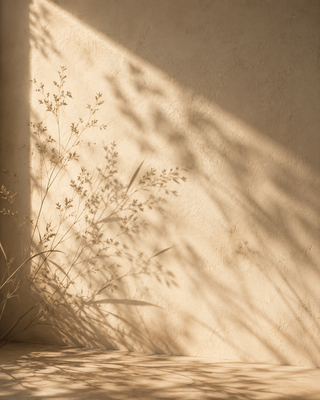 A warm beige textured wall with dramatic diagonal sunlight casting leaf shadows, with dried grasses in the lower left corner.
